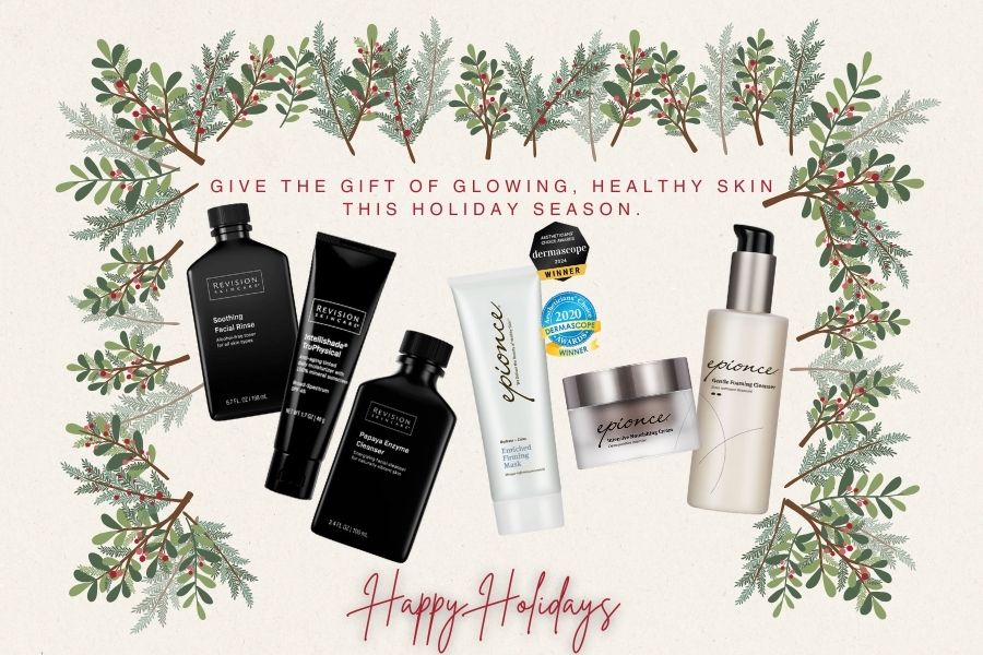 Holiday skincare gift sets at Wallach Derma Center in Danville, CA featuring Epionce and Revision Skincare for healthy, glowing winter skin