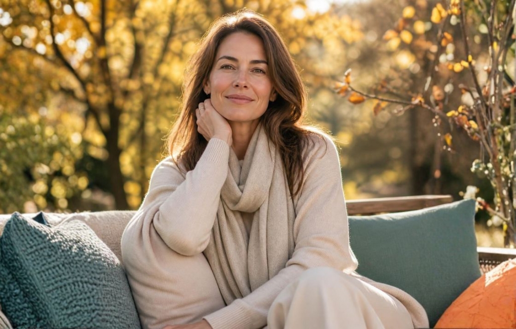 Woman relaxing outdoors in warm autumn sunlight.